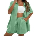 thumbnail image 1 of Busydd Two Piece Sets for Women Solid Color Cotton Linen Loungewear Set Lapel Button Shirts and Pockets Shorts Vacation Outfits Casual Summer Beach Travel Outfits for Women, 1 of 7