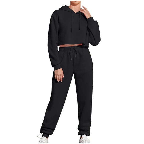 Busydd Two Piece Sets for Women Solid Color Drawstring Track Suits Long Sleeve Hoodies Elastic Waist Sweat Pants with Pockets Sweatsuits Casual Fashion Travel Outfits for Women
