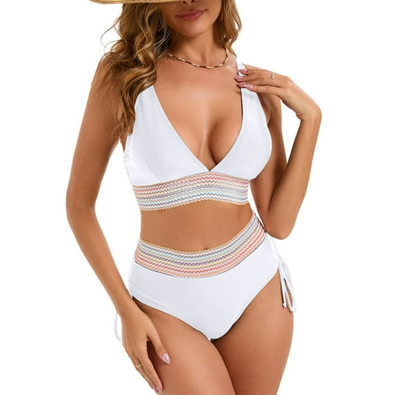 Busydd Two Piece Swimsuit for Women Deep V Neck High Waisted Bikini Set Trendy Color Block Bathing Suits Trendy Push Up Swim Suits with Briefs