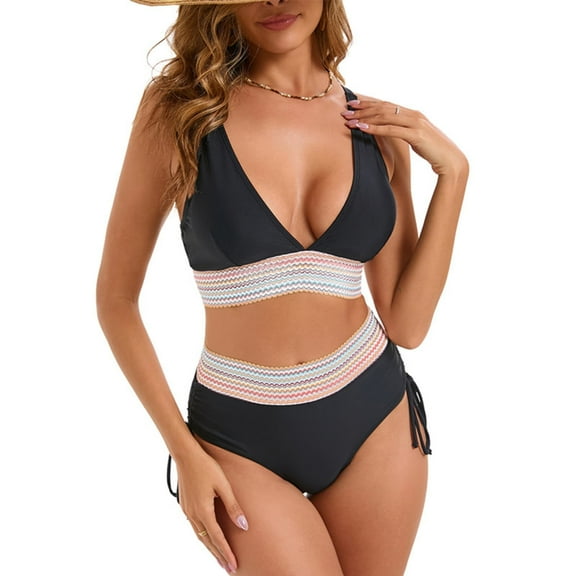 Busydd Two Piece Swimsuit for Women Deep V Neck High Waisted Bikini Set Trendy Color Block Bathing Suits Trendy Push Up Swim Suits with Briefs