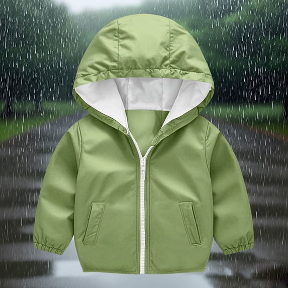 Busydd Unisex Boys Girls Rain Jackets 1-7 Years Solid Color Long Sleeve Hooded Zipper Raincoats Casual Waterproof Children's Rain Jackets