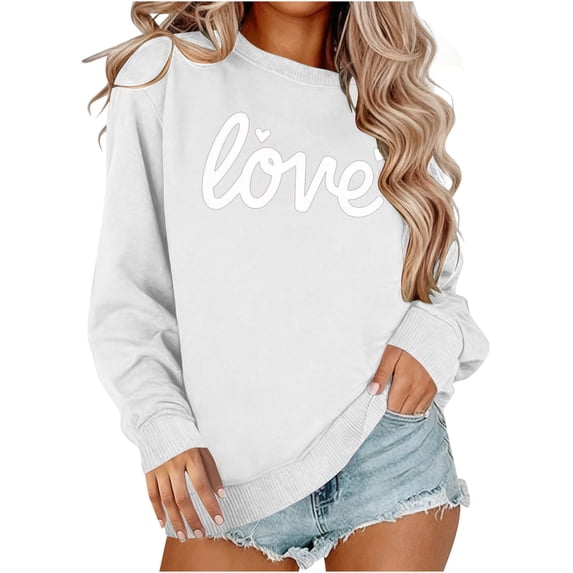 Busydd Valentine Shirts for Women Trendy Love Heart Print Womens Long Sleeve Tops Casual Comfortable Cotton Crewneck Spring Tops for Women M