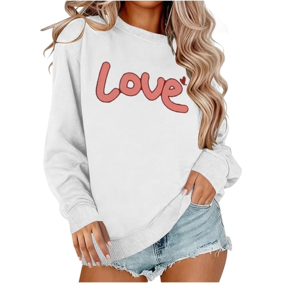Busydd Valentine Shirts for Women Trendy Love Heart Print Womens Long Sleeve Tops Casual Comfortable Cotton Crewneck Spring Tops for Women XL