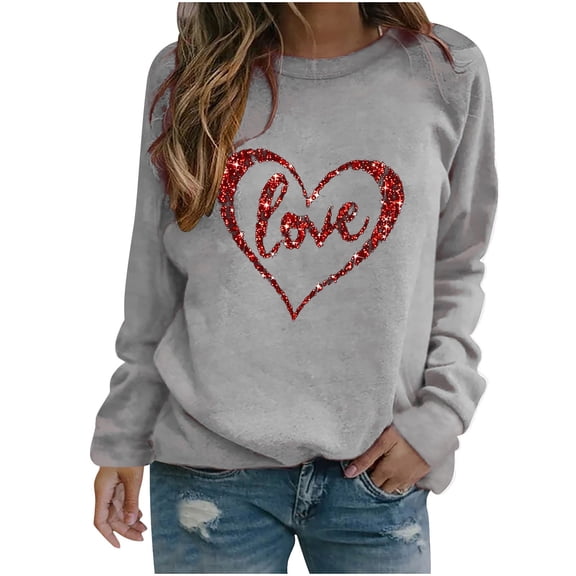 Busydd Valentine's Day Shirts for Women Fashion Love Heart Print T-Shirts Casual Versatile Round Neck Spring Tops Long Sleeve Valentines Going Out Tops