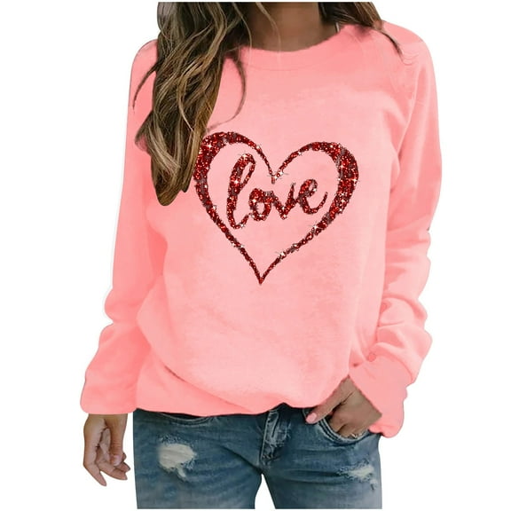 Busydd Valentine's Day Shirts for Women Fashion Love Heart Print T-Shirts Casual Versatile Round Neck Spring Tops Long Sleeve Valentines Going Out Tops