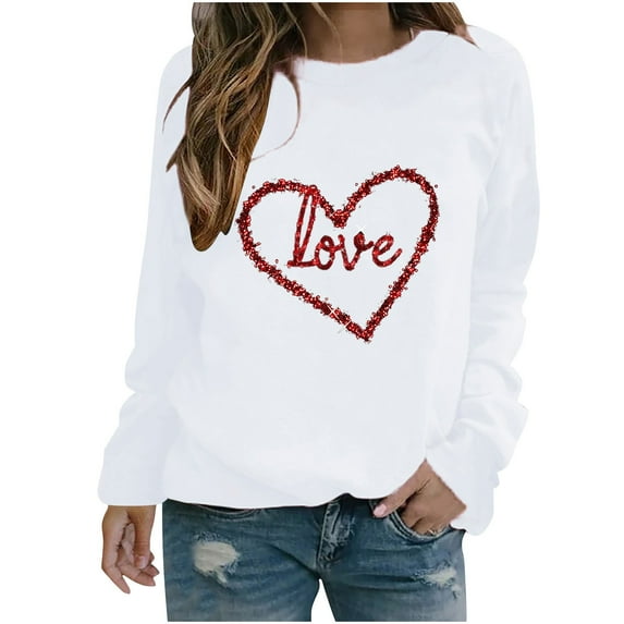 Busydd Valentine's Day Shirts for Women Fashion Love Heart T-Shirts Casual Versatile Round Neck Spring Summer Tops Long Sleeve Valentines Going Out Tops