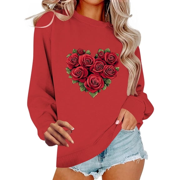 Busydd Valentines Shirts for Women Trendy Comfortable Cotton Graphic T Shirts for Women Casual Round Neck Long Sleeve Women's Sweatshirt M