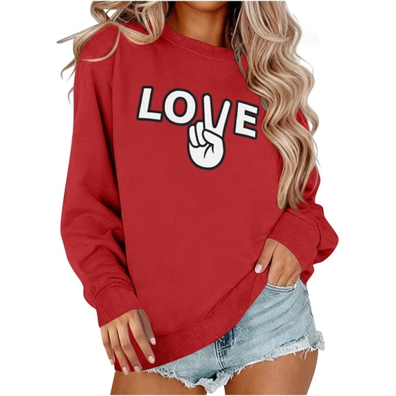 Busydd Valentines Tops for Women Trendy Round Neck Love Heart Print Sweatshirts for Women Casual Comfortable Cotton Womens Spring Tops 2XL