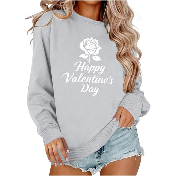 Busydd Valentines Tops for Women Trendy Round Neck Love Heart Print Sweatshirts for Women Casual Comfortable Cotton Womens Spring Tops L