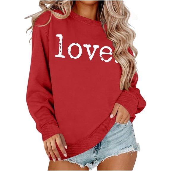 Busydd Valentines Tops for Women Trendy Round Neck Love Heart Print Sweatshirts for Women Casual Comfortable Cotton Womens Spring Tops M