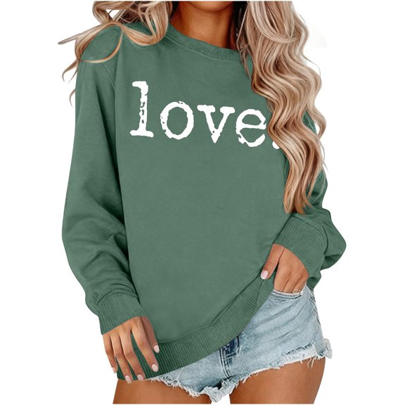 Busydd Valentines Tops for Women Trendy Round Neck Love Heart Print Sweatshirts for Women Casual Comfortable Cotton Womens Spring Tops M