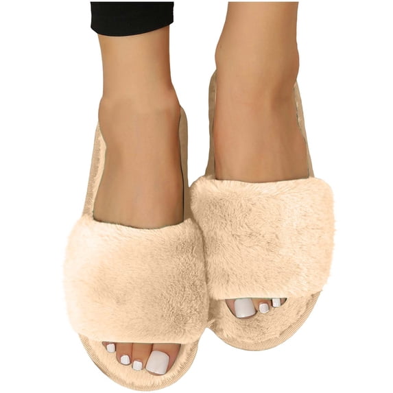 Busydd Warm Plush Womens Slippers Casual Comfy Fuzzy Slip on House Shoes Solid Color Open Toe Indoor Footwear 38