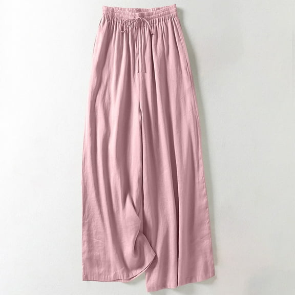 Busydd Wide Leg Pants Woman Solid Color Drawstring Cotton Linen Pants Trendy Baggy Elastic Waist Women's Pants Casual Comfortable Flowy Pants for Women L