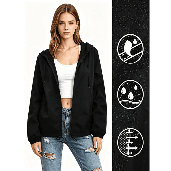 Busydd Windbreaker Jacket Women Trendy Lightweight Solid Colors Long Sleeve Waterproof Zip Up Hoodie with Adjustable Drawstring and Pockets 3XL