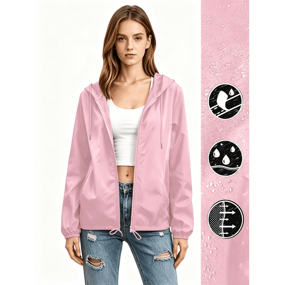Busydd Windbreaker Jacket Women Trendy Lightweight Solid Colors Long Sleeve Waterproof Zip Up Hoodie with Adjustable Drawstring and Pockets S