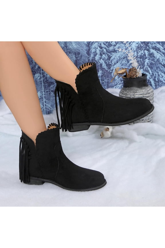 Winter Boots for Women Comfy Low Heel Slip on Booties for Women Fashion Fringe Round Toe Womens Ankle Boots 9