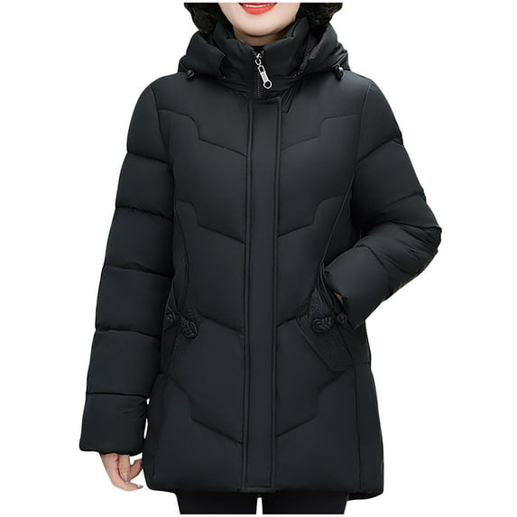 Busydd Winter Coats for Women Solid Color Long Sleeve Puffer Jacket Fashion Warm Cotton Zip Up Winter Jackets Plus Size Hooded Down Outerwear with Pockets