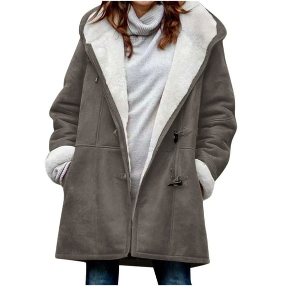 Busydd Winter Coats for Women Solid Color Long Sleeve Fleece Jacket Fashion Warm Button Winter Jackets Plus Size Hooded Outerwear with Pockets