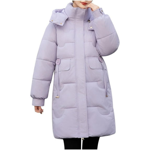 Busydd Winter Coats for Women Solid Color Puffer Jacket Fashion Warm Zip Up Down Jacket Casual Long Cotton Winter Jackets with Hood