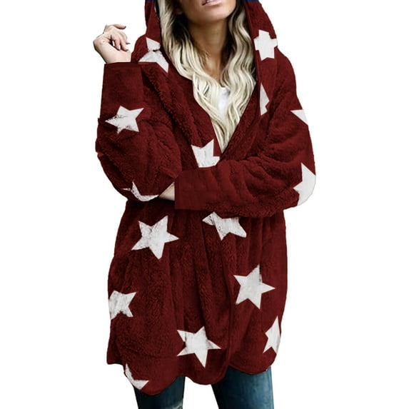 Busydd Winter Coats for Women Trendy Stars Print Fleece Jacket Hooded Warm Winter Jackets Casual Zip Up Down Jacket Outerwear with Pockets