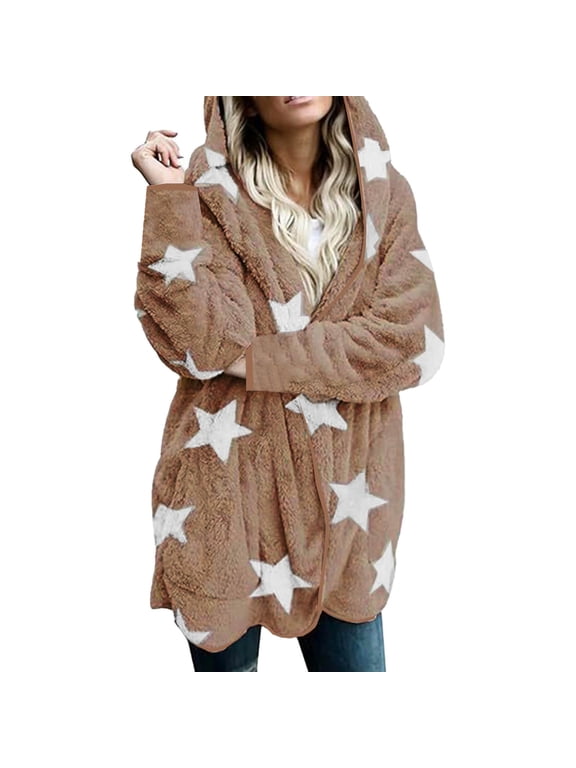 Winter Coats for Women Trendy Stars Print Fleece Jacket Hooded Warm Winter Jackets Casual Zip