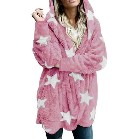 Busydd Winter Coats for Women Trendy Stars Print Fleece Jacket Hooded Warm Winter Jackets Casual Zip Up Down Jacket Outerwear with Pockets