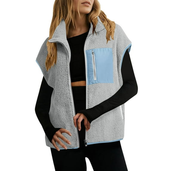 Busydd Winter Vest for Women Trendy Colorblock Patchwork Sleeveless Womens Fleece Jacket Casual Warm Lapel Zipper Women's Outerwear Vests with Pocket L