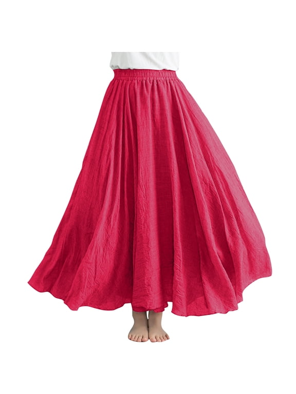 Womens Maxi Skirt Trendy Elastic Waist Boho Long Skirts for Women Casual Vacation Solid Color Womens Skirts Flowy A-Line Ankle-Length Summer Skirts Free Size: Waist: 25.20-37.01''