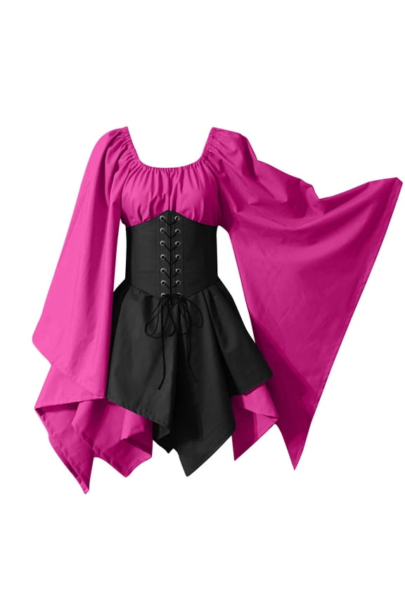 Women Costumes Gothic Sleeve Corset Dresses Sleeve Round-Neck Knee-High Dress 2XL