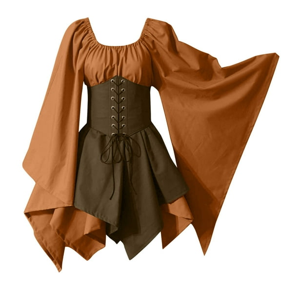Busydd Women Costumes Gothic Sleeve Corset Dresses Sleeve Round-Neck Knee-High Dress 2XL