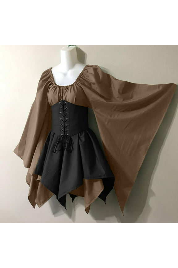 Plus Size Womens Dresses Retro Flared Sleeve Renaissance Costume Colorblock Patchwork Drawstring Corset Dress Square Neck Medieval Dress for Women L