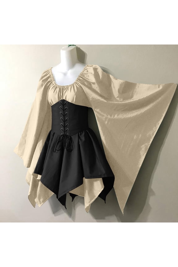 Women Costumes Gothic Sleeve Corset Dresses Sleeve Round-Neck Knee-High Dress M