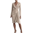 thumbnail image 1 of Busydd Women Dresses Casual Solid Color Long Sleeve Fall Dresses Fashion V Neck Pleated Formal Dresses for Women L, 1 of 6