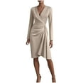 thumbnail image 1 of Busydd Women Dresses Casual Solid Color Long Sleeve Fall Dresses Fashion V Neck Pleated Formal Dresses for Women S, 1 of 6