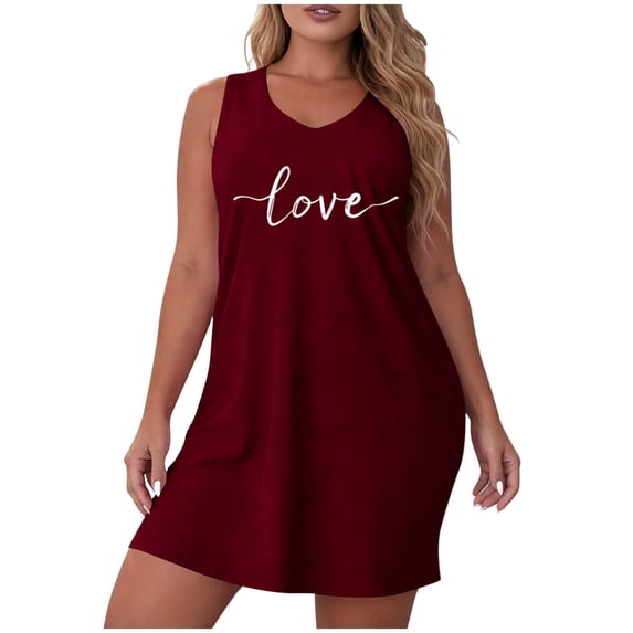 Busydd Women Dresses Casual V Neck Sleeveless Sleep Dress Fashion Love Print Summer Dress L