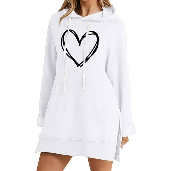 Busydd Women Dresses Fashion Love Heart Print Fall Dresses Comfy Long Sleeve Drawstring Mini Dress Casual Hooded Sweatshirt Dress with Pocket L