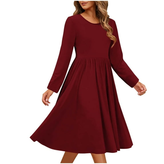 Busydd Women Dresses Fashion Solid Color Long Sleeve Dress for Women Round Neck Tiered Casual Dresses for Women 2XL