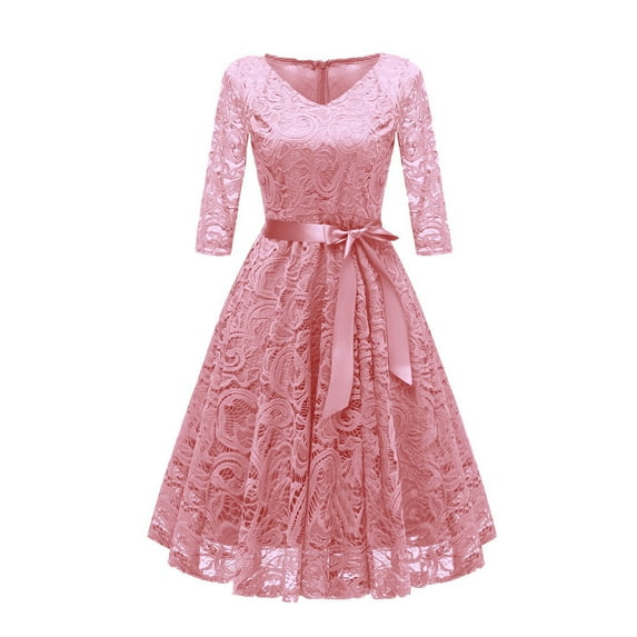 Busydd Women Dresses Fashion V Neck Solid Color Lace Wedding Guest Dress 3/4 Length Sleeve Tiered Formal Dresses for Women 2XL