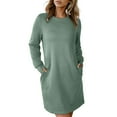 thumbnail image 1 of Busydd Women Dresses Solid Color Round Neck Fall Dress Trendy Long Sleeve Dress for Women Comfortable Mini Women's Casual Dresses with Pockets XL, 1 of 4
