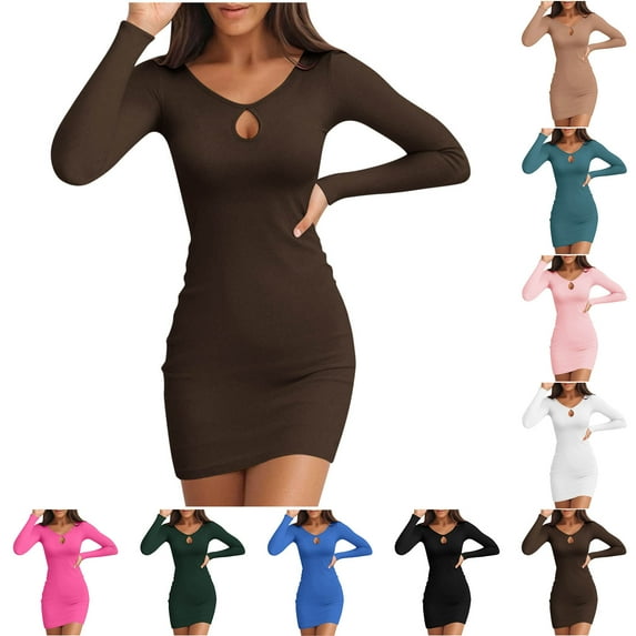 Busydd Women Dresses Solid Color Slim Casual Dresses for Women Long Sleeve Mini Dress Trendy V Neck Homecoming Dresses S