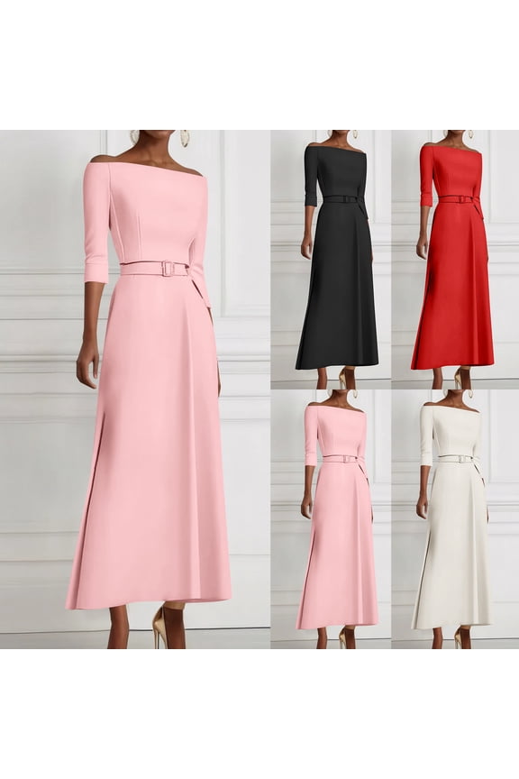 Women Dresses Solid Color Wedding Guest Dresses for Women Casual 3/4 Length Sleeve Fall Dress Trendy off the Shoulder Tunic Prom Dress L