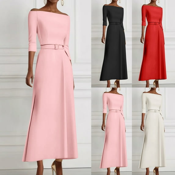 Busydd Women Dresses Solid Color Wedding Guest Dresses for Women Casual 3/4 Length Sleeve Fall Dress Trendy off the Shoulder Tunic Prom Dress S