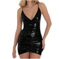 thumbnail image 1 of Busydd Women Dresses Trendy Solid Color Sequin Cocktail Dresses V Neck Spaghetti Strap Party Dress Sleeveless Pleated Mini Bodycon Dress, 1 of 7