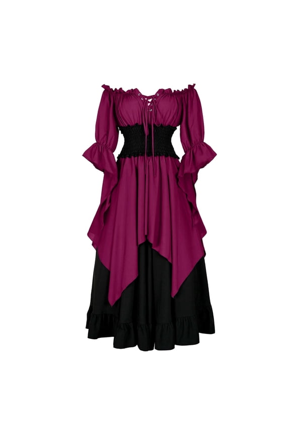 Women Dresses Vintage Color Block Gothic Dresses for Women Flowy Tunic Maxi Dress Pleated Medieval Dress for Women S