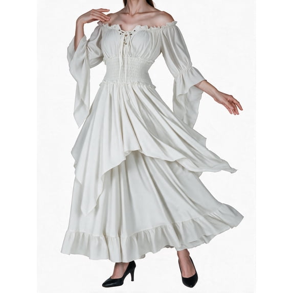 Busydd Women Dresses Vintage Color Block Gothic Dresses for Women Flowy Tunic Maxi Dress Pleated Medieval Dress for Women