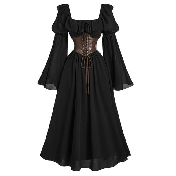 Busydd Women Dresses Vintage Solid Color Tunic Dresses for Women Square Neck Long Sleeve Dress Renaissance Maxi Dresses for Women M