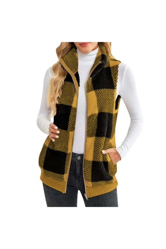 Women Fleece Vest Fashion Plaid Sleeveless Warm Fuzzy Winter Vest for Women Casual Stand Collar Zipper Women's Outerwear Vests with Pockets L