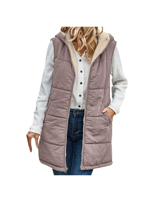 Women Fleece Vest Hooded Warm Winter Vest for Women Solid Color Sleeveless Reversible Women's Outerwear Vests Casual Zipper Long Vest for Women S