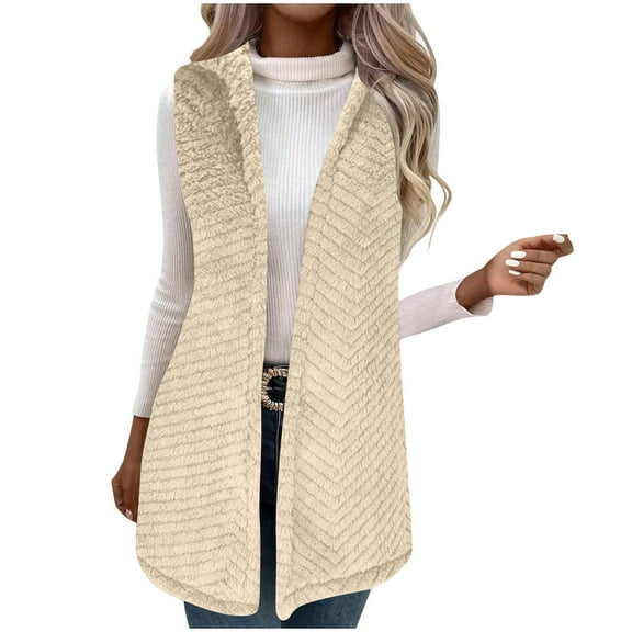 Busydd Women Fleece Vest Solid Color Hooded Warm Winter Vest for Women Trendy Open Front Sleeveless Womens Vests Outerwear 2XL