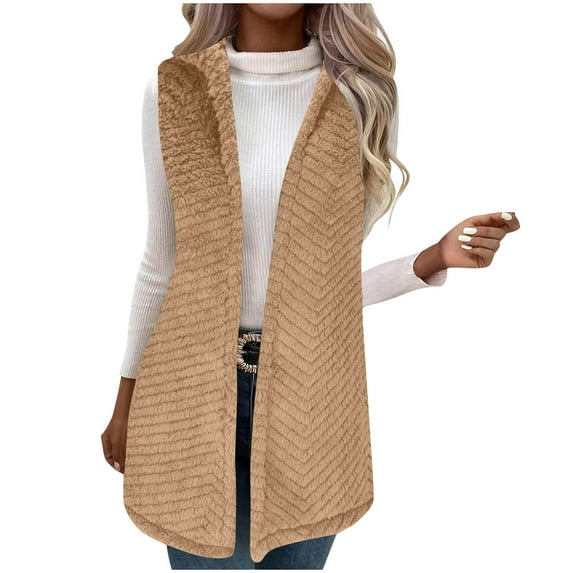 Busydd Women Fleece Vest Solid Color Hooded Warm Winter Vest for Women Trendy Open Front Sleeveless Womens Vests Outerwear L
